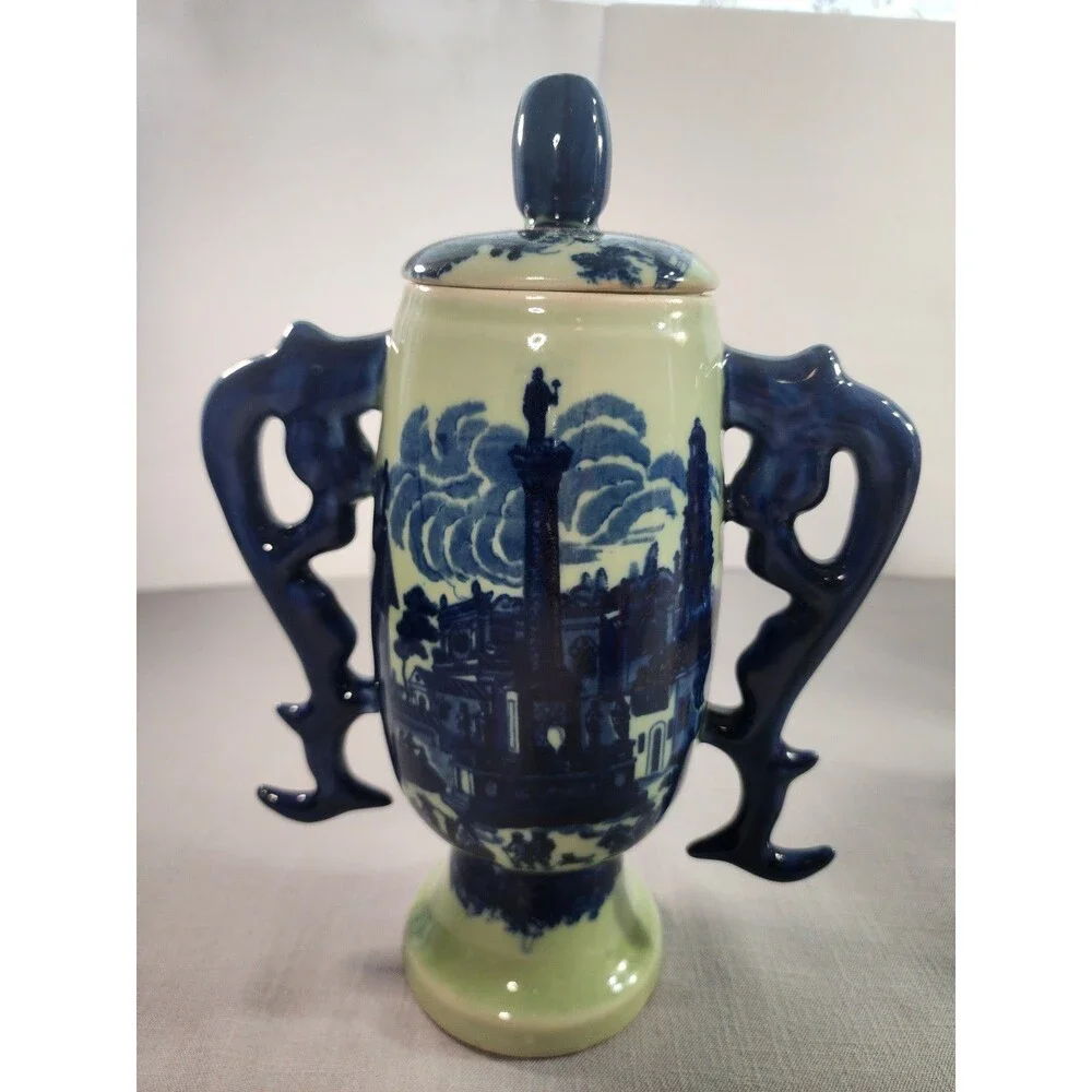 Asian Style Blue & Green Porcelain Lidded Urn Vase Double Handle 11.5”